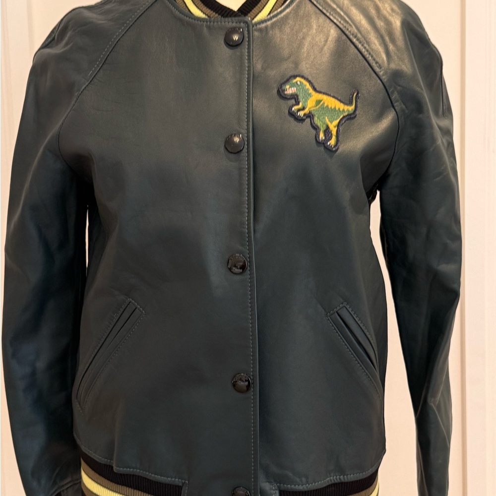 Coach Green Varsity Jacket with Playful Dinosaur Patch